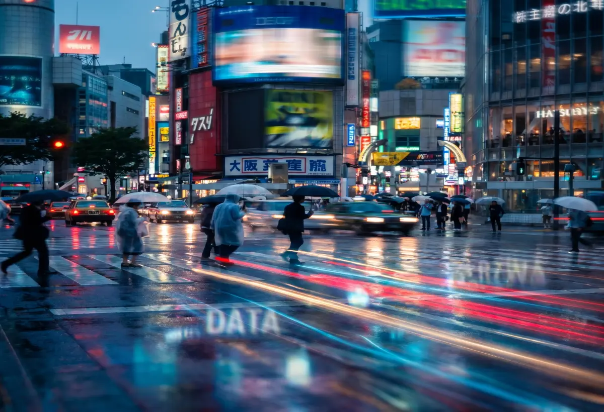 雨夜亚洲城市路口与通勤人流形成的城市信号图像